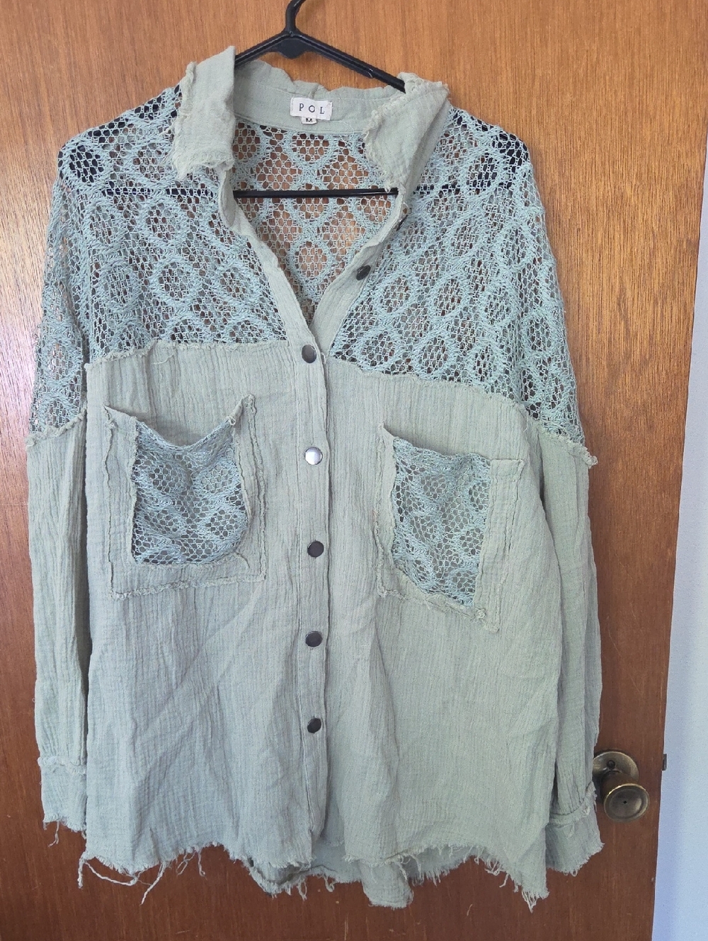 POL Sage Crochet Yoke Button-Front Shirt